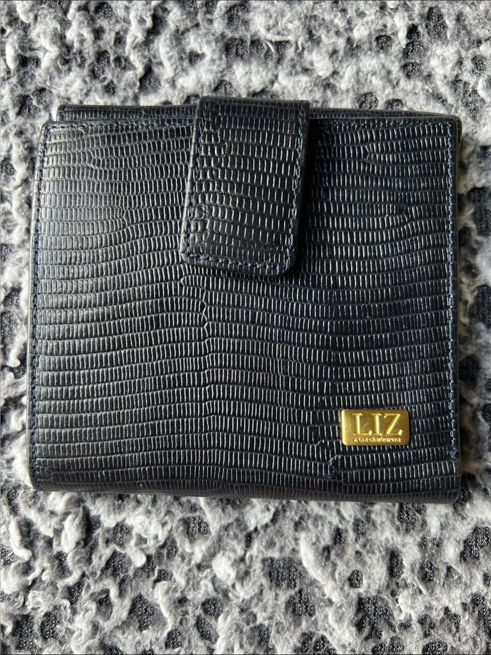 Vintage Liz Claiborne Navy Blue Lizard Embossed Bifold Wallet - Gold Logo